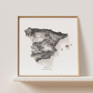 Spanien (B&W) - schattierte Reliefkarte - Home Dekor - Topographie - Einzigartiges Geschenk