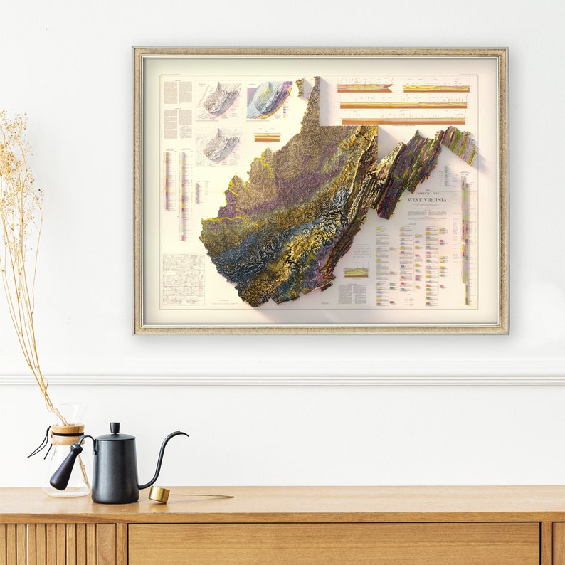 Geologisk karta över West Virginia från 1968: Vintage topografiskt relieftryck bild 2