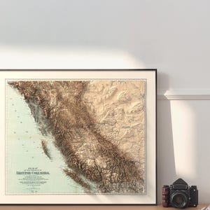 1893 British Columbia’s geography, enhanced with 3D cartography.
