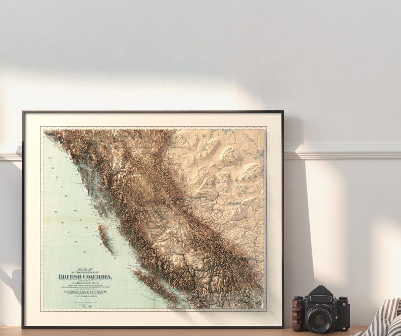 1893 British Columbia’s geography, enhanced with 3D cartography.