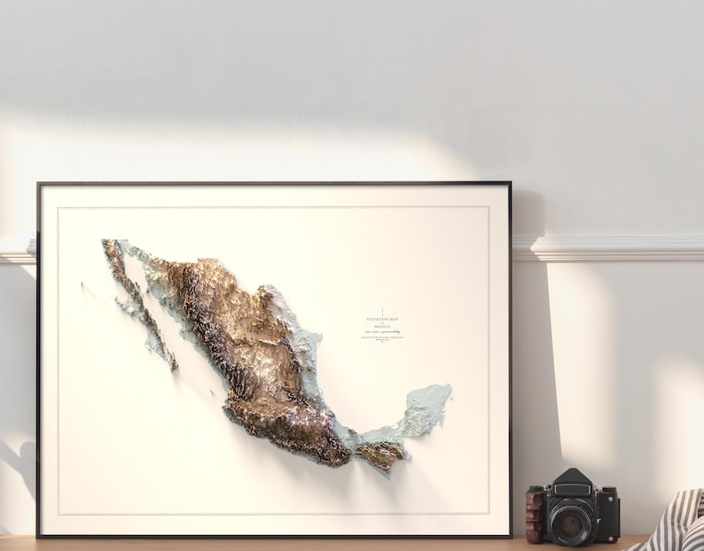 Framed Mexico Elevation Map in a modern living room, elegantly showcasing its sleek black frame and premium matte paper finish
