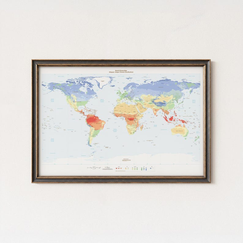 May include: A framed world map displaying the K&ouml;ppen-Geiger climate classification system. The map features a light blue background with continents color-coded in red, orange, yellow, green, and blue to represent various climate zones.