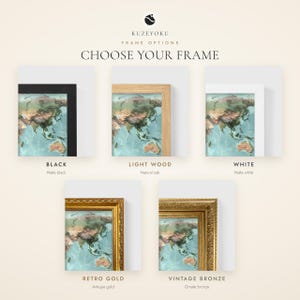 May include: A product display showing five frame options for a world map print, labeled Kuzeyoku Frame Options. The choices include matte black, natural oak light wood, matte white, antique gold retro gold, and ornate bronze vintage bronze frames.