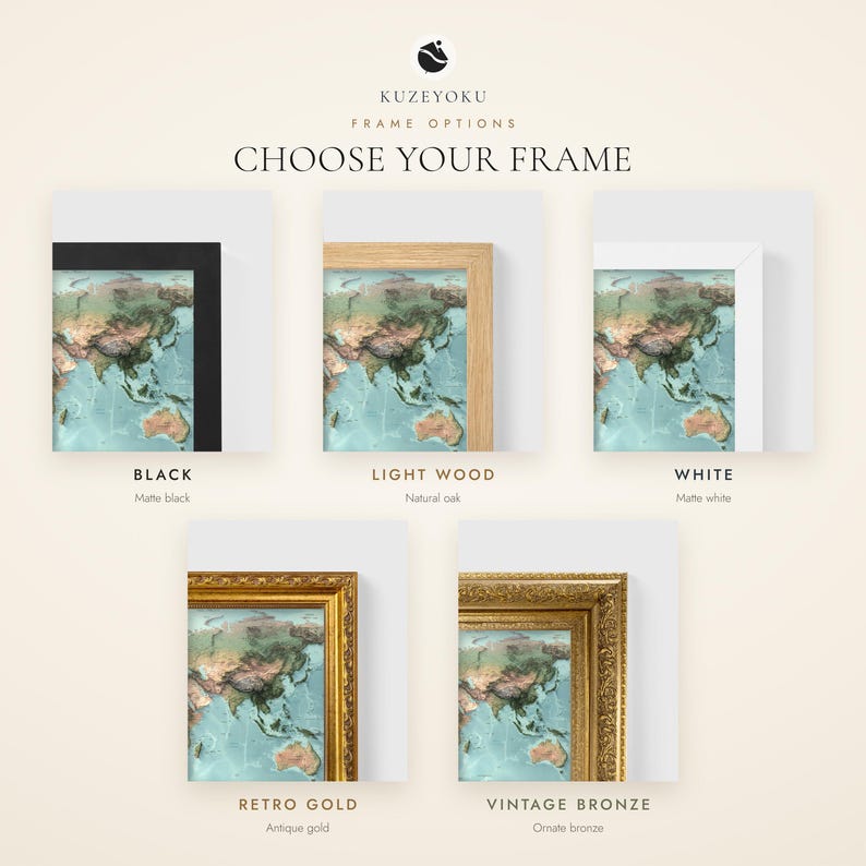 May include: A product display showing five frame options for a world map print, labeled Kuzeyoku Frame Options. The choices include matte black, natural oak light wood, matte white, antique gold retro gold, and ornate bronze vintage bronze frames.