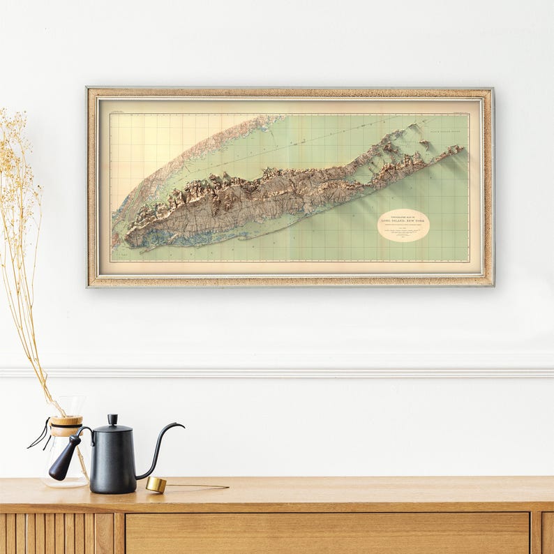 1913 Long Island Topographic Map in a cozy bedroom, creating a warm, nostalgic atmosphere with its detailed vintage design.