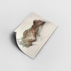May include: A detailed, textured map of Europe with a 3D effect, printed on a white paper background. The map is folded in the upper left corner.