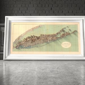 Printed Vintage Long Island Map in a home office, adding sophistication and historical inspiration to your workspace