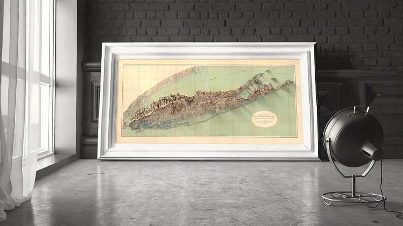 Printed Vintage Long Island Map in a home office, adding sophistication and historical inspiration to your workspace