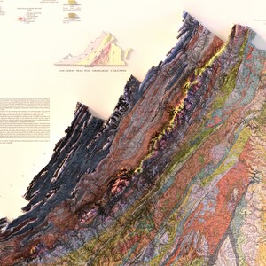 May include: A detailed geological map of Virginia, showing the state's diverse rock formations and geological features. The map is color-coded to represent different rock types and ages, with a key indicating the different formations. The map is titled "Location Map for Geologic Columns".