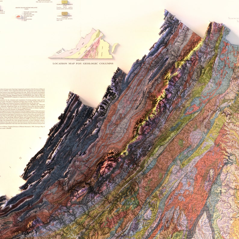 May include: A detailed geological map of Virginia, showing the state's diverse rock formations and geological features. The map is color-coded to represent different rock types and ages, with a key indicating the different formations. The map is titled "Location Map for Geologic Columns".