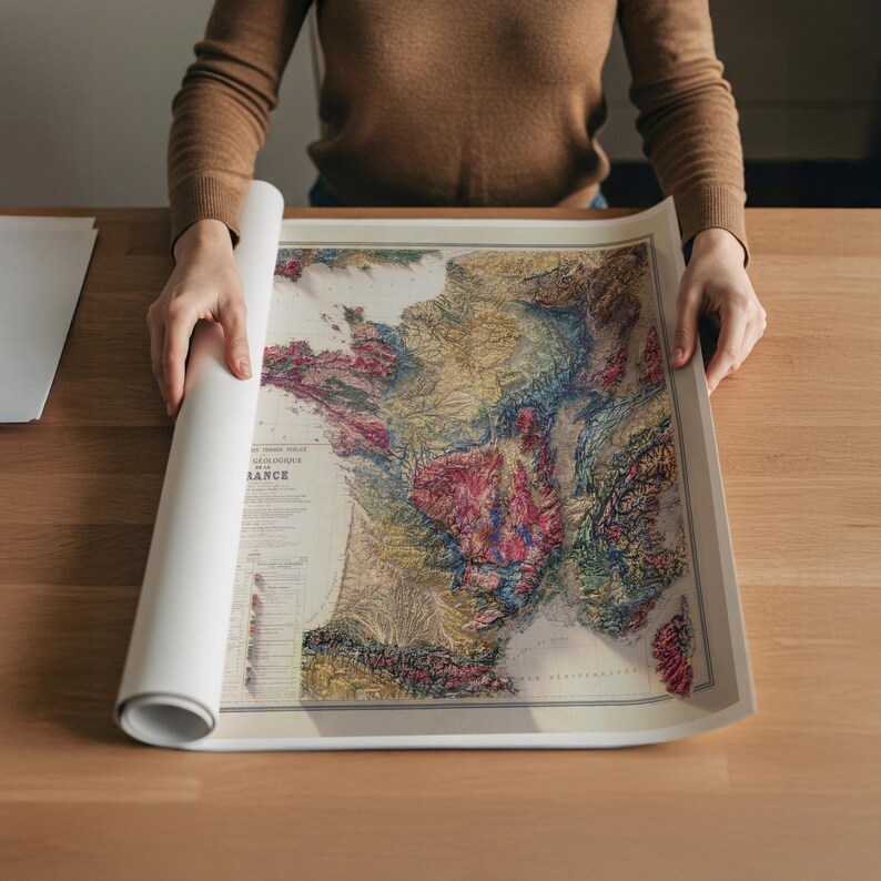 Geological Map of France: Topographic Elevation Art Print image 4
