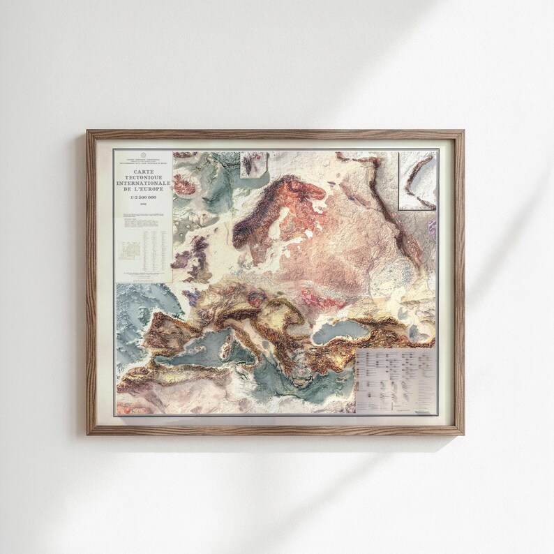 Europe Tectonic Map Art Print: Vintage Wall Decor image 2