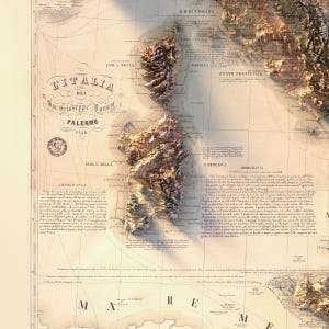May include: An antique map of Italy from 1836, titled "L'Italia del Sac. Giuseppe Vaccaro, Palermo 1836." The map features a detailed depiction of the Italian peninsula and surrounding islands, including Sardinia and Corsica. The map is printed on aged paper with a warm, sepia tone.