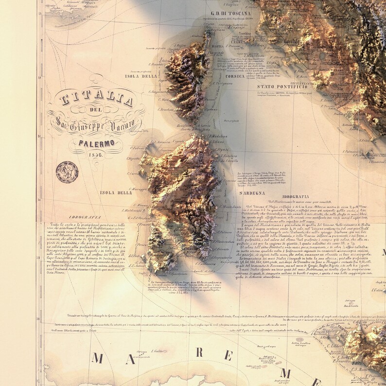 May include: An antique map of Italy from 1836, titled "L'Italia del Sac. Giuseppe Vaccaro, Palermo 1836." The map features a detailed depiction of the Italian peninsula and surrounding islands, including Sardinia and Corsica. The map is printed on aged paper with a warm, sepia tone.