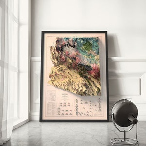 May include: A vintage-style relief map of Arizona, framed in black, with a detailed key of geological formations and elevations. The map is printed on a cream-colored paper with a light pink background.