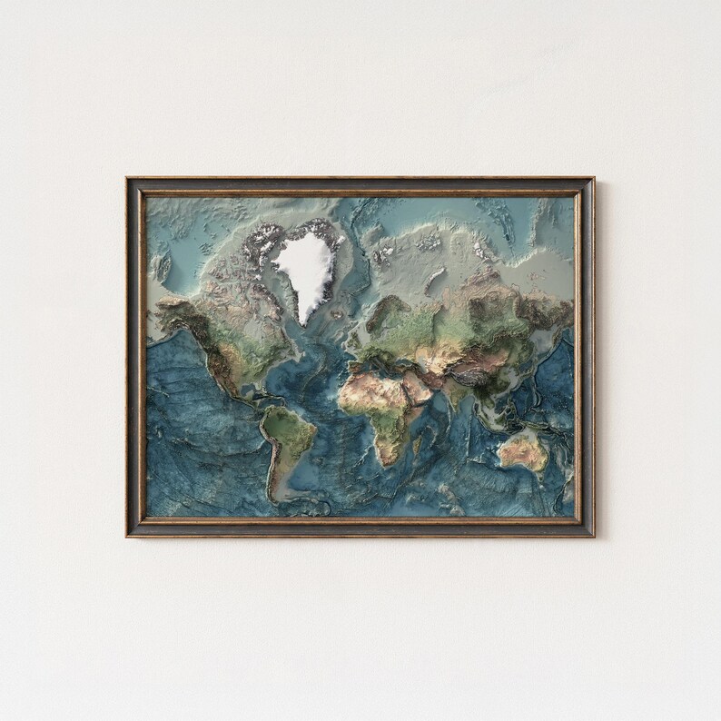 World Map: Natural Topography Wall Art Print with Realistic Relief and Ocean Detail image 3