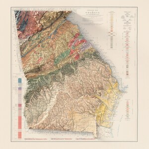 May include: A vintage geological map of Georgia, showing the state's diverse geological formations in various colors. The map includes a key with different colors representing different geological periods and formations. The map is titled "Geological Map of Georgia".