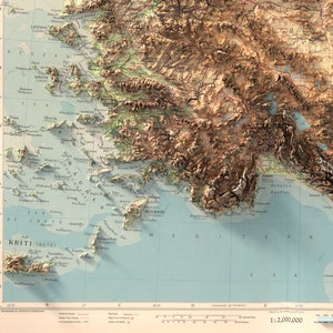 May include: A detailed topographic map of Greece and surrounding islands, including Crete and Rhodes. The map features a color-coded elevation system, with brown representing higher elevations and blue representing water. The map also includes various geographical features, such as rivers, lakes, and mountains. The map is titled "1:2,000,000" in the bottom right corner.