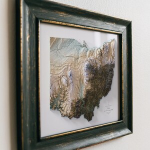 K&ouml;nnte beinhalten: Gerahmte 3D-Topografische Karte von Ohio mit detaillierten Reliefs und Farbvariationen. Die Karte ist in einem verwitterten, dunkelgr&uuml;nen Holzrahmen mit goldenem Rand eingefasst, was eine Vintage-&Auml;sthetik erzeugt. Die Karte befindet sich vor einem wei&szlig;en Hintergrund.