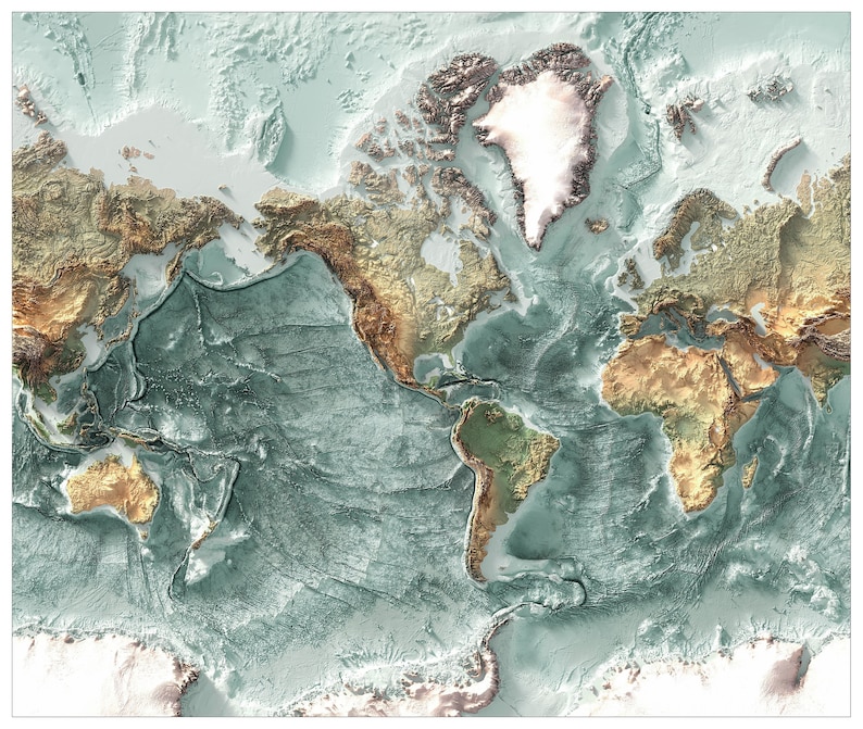 May include: A detailed topographic map of the Earth, showing the continents and oceans in shades of brown, green, and blue. The map highlights the ocean floor with lines representing trenches and ridges.
