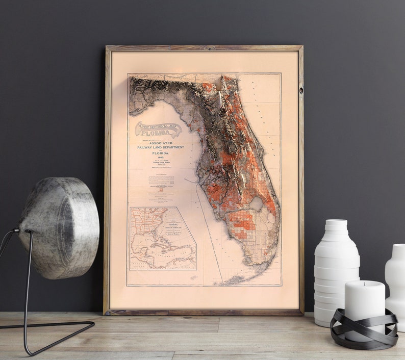 May include: A vintage map of Florida, printed on a cream-colored paper, with a raised relief effect. The map is framed in a light brown wood frame. The title of the map is "The State of Florida, Associated Railway Land Department, 1909".