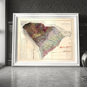 Pode incluir: Um mapa vintage da Carolina do Sul com um mapa em relevo do estado no centro. O mapa &eacute; impresso em tons de marrom, verde, azul e vermelho. O mapa est&aacute; emoldurado em uma moldura branca.