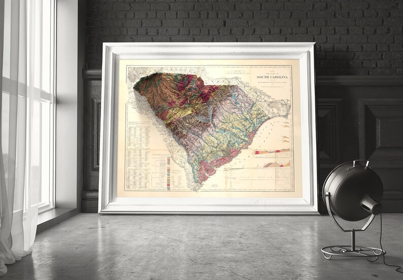 Pode incluir: Um mapa vintage da Carolina do Sul com um mapa em relevo do estado no centro. O mapa &eacute; impresso em tons de marrom, verde, azul e vermelho. O mapa est&aacute; emoldurado em uma moldura branca.