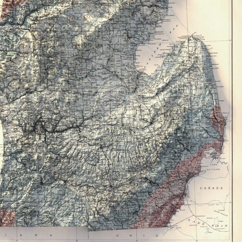 Michigan Geological Map 1916: Topographic Relief Art Print, Wall Decor, Unique Map Gift image 8