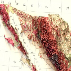 May include: A vintage map of Mexico with a detailed topographic relief showing the Sierra Madre Occidental mountain range in red, the Sierra Madre Oriental in green, and the Baja California peninsula in yellow. The map includes the text "Estados Unidos" and "Golfo de California".