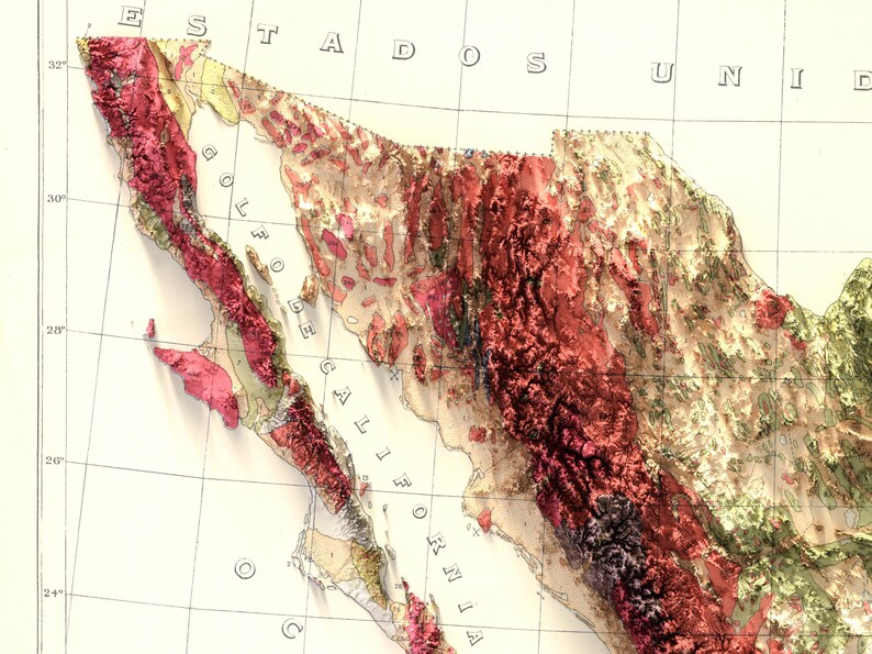 May include: A vintage map of Mexico with a detailed topographic relief showing the Sierra Madre Occidental mountain range in red, the Sierra Madre Oriental in green, and the Baja California peninsula in yellow. The map includes the text "Estados Unidos" and "Golfo de California".