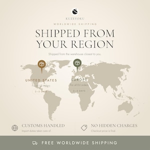 May include: A beige infographic featuring the Kuzeyoku logo and a world map with location markers for the United States and Europe. Text includes SHIPPED FROM YOUR REGION, CUSTOMS HANDLED, NO HIDDEN CHARGES, and FREE WORLDWIDE SHIPPING.