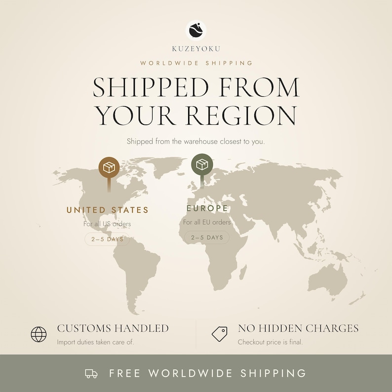 May include: A beige infographic featuring the Kuzeyoku logo and a world map with location markers for the United States and Europe. Text includes SHIPPED FROM YOUR REGION, CUSTOMS HANDLED, NO HIDDEN CHARGES, and FREE WORLDWIDE SHIPPING.
