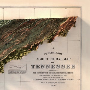 May include: A vintage map of Tennessee, showing the distribution of geological formations. The map is titled "A Preliminary Agricultural Map of Tennessee" and is dated 1896. The map is based on data compiled from the most recent data under the auspices of the Tennessee Agricultural Experiment Station.