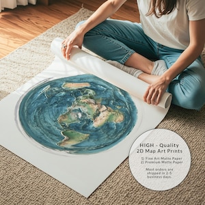 May include: A rolled-up art print of a world map, featuring blue oceans and tan continents. The print is on white paper, with the text "HIGH - Quality 2D Map Art Prints" and details about the paper types.