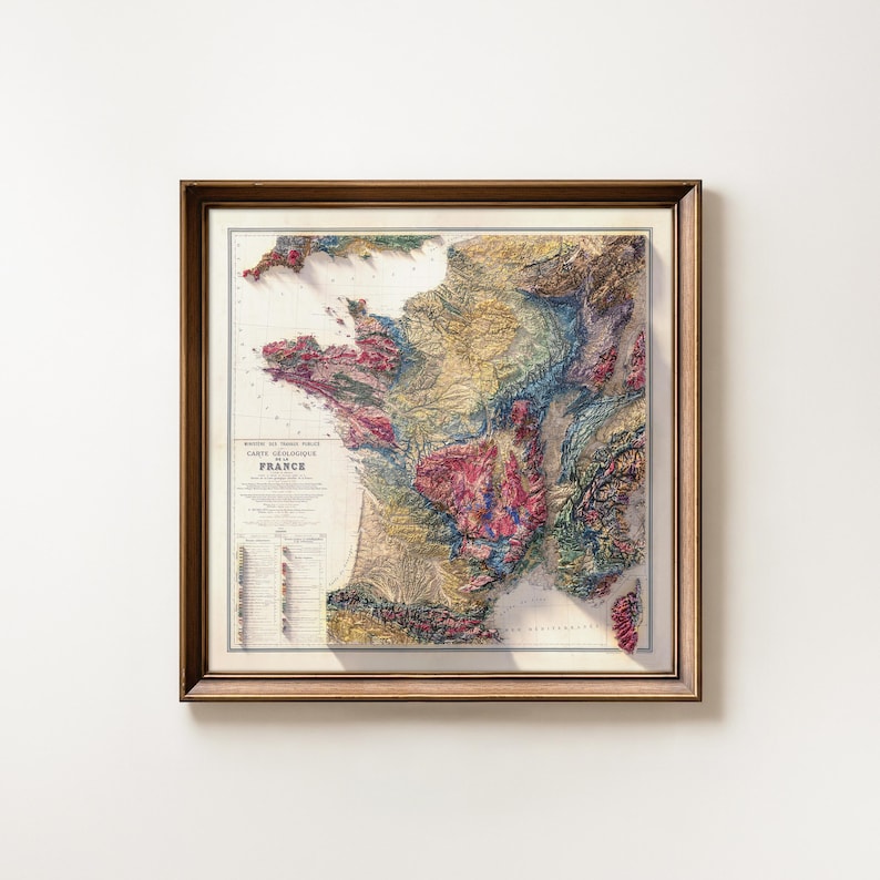 Geological Map of France: Topographic Elevation Art Print image 1