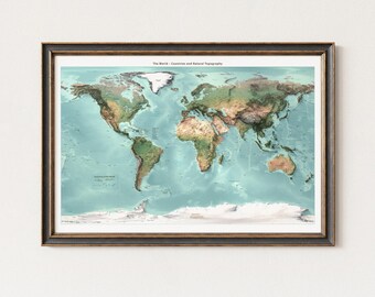 世界地図：詳細な国、政治的境界、自然地形、壁装飾、地図アート