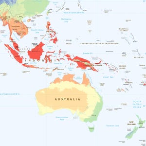 May include: A political map of Southeast Asia, Oceania, and Australia featuring landmasses in shades of orange, yellow, and green against a light blue ocean background. The map includes labels for countries, seas, and geographic lines like the Equator.
