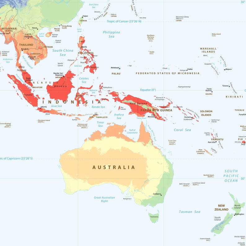May include: A political map of Southeast Asia, Oceania, and Australia featuring landmasses in shades of orange, yellow, and green against a light blue ocean background. The map includes labels for countries, seas, and geographic lines like the Equator.
