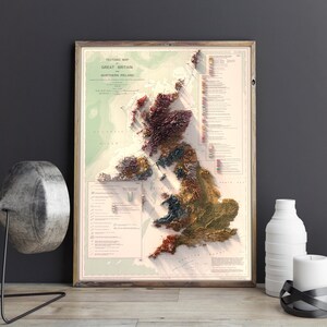 May include: A vintage-style map of Great Britain and Northern Ireland, showing the tectonic map of the region. The map is printed on a cream-colored paper and framed in a brown wood frame.