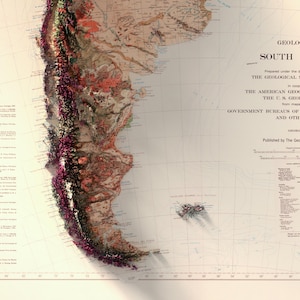 Geologische Karte Südamerikas (1950): Historischer Reliefdruck, Wanddekoration im Antikstil, topografische Kunst Bild 6