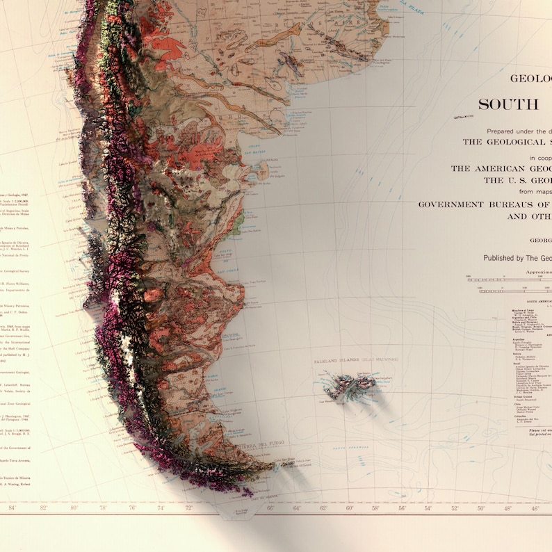 Geologische Karte Südamerikas (1950): Historischer Reliefdruck, Wanddekoration im Antikstil, topografische Kunst Bild 6