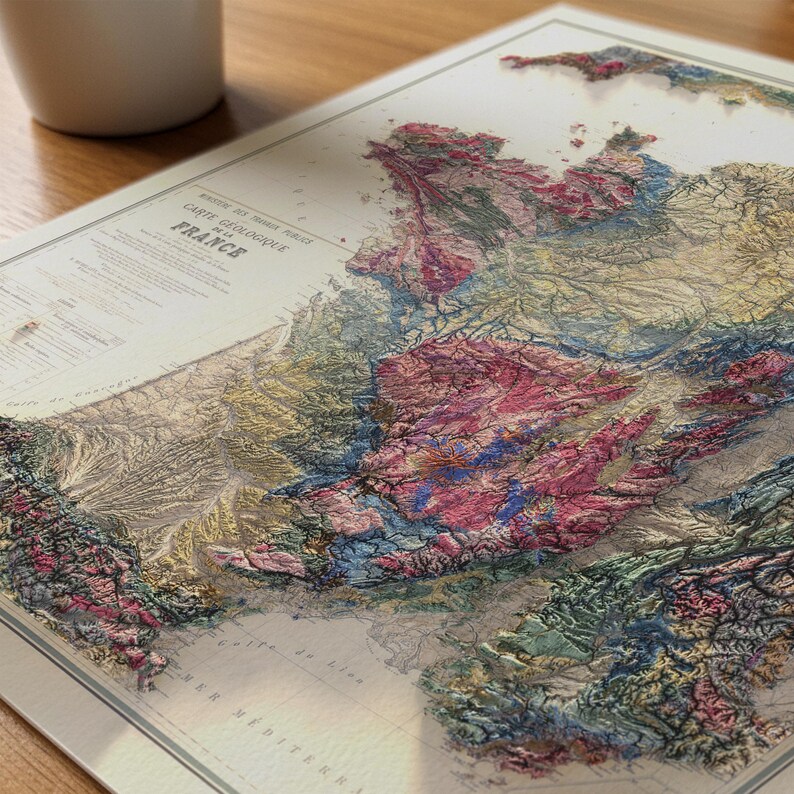 Geological Map of France: Topographic Elevation Art Print image 3
