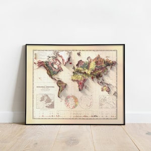 May include: A vintage world map print in a black frame. The map shows the geological structure of the Earth with different colors representing different geological formations. The map is titled "The Geological Structure of the Earth".