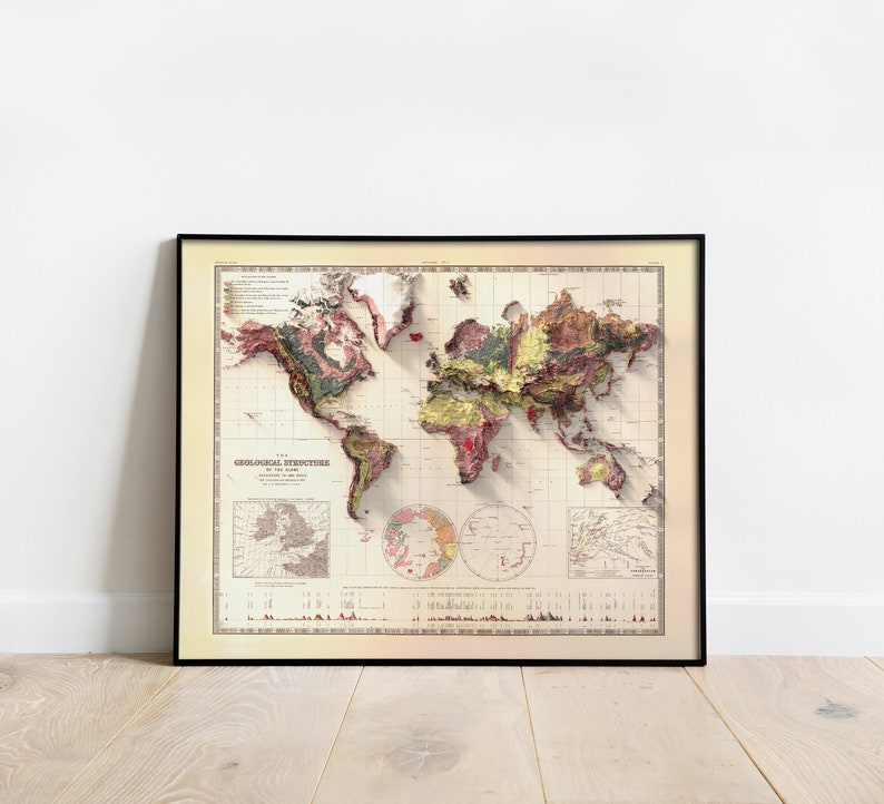 May include: A vintage world map print in a black frame. The map shows the geological structure of the Earth with different colors representing different geological formations. The map is titled "The Geological Structure of the Earth".
