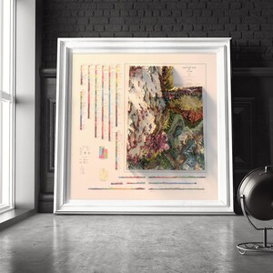 May include: A framed map of Utah with a 3D relief design. The map is printed in shades of green, brown, and blue, with a key showing the different elevations. The map is surrounded by a white frame.
