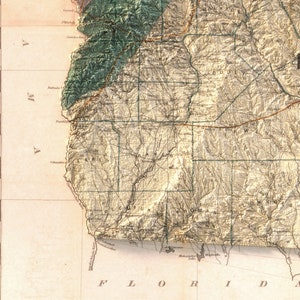 May include: A vintage map of the state of Alabama, showing county boundaries and rivers. The map is in shades of brown and green, with a light brown background. The map is titled "Alabama" in the upper left corner.