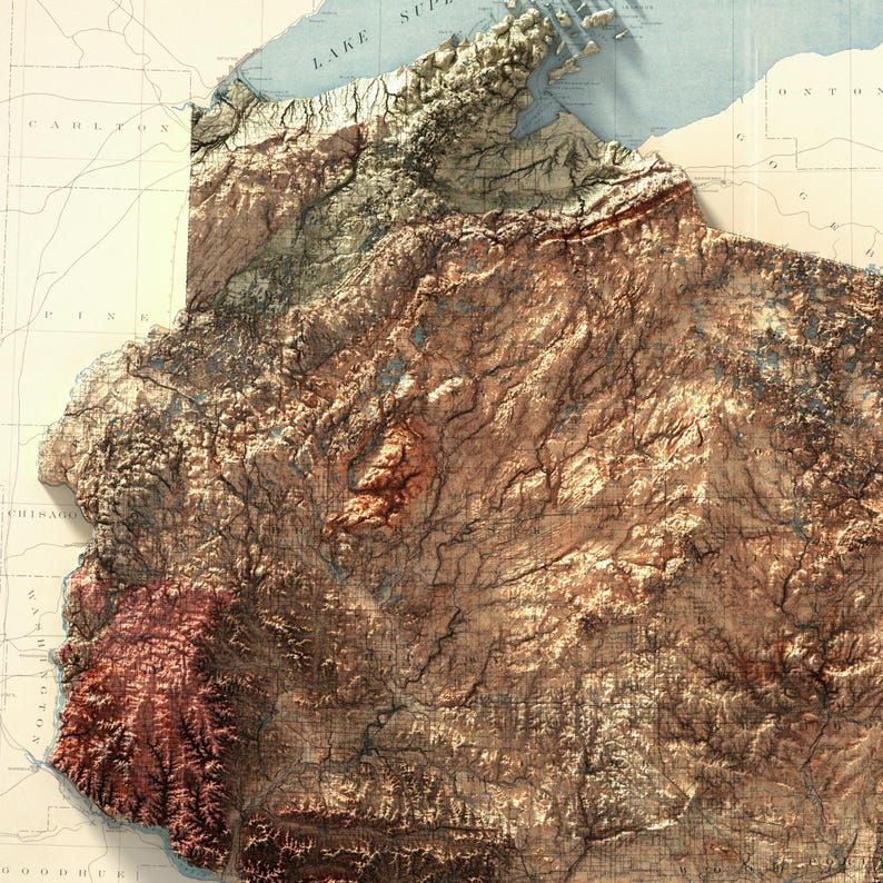 Puede incluir: Un mapa de estilo vintage de una regi&oacute;n con topograf&iacute;a detallada, que muestra r&iacute;os, monta&ntilde;as y valles en tonos marrones, verdes y azules.