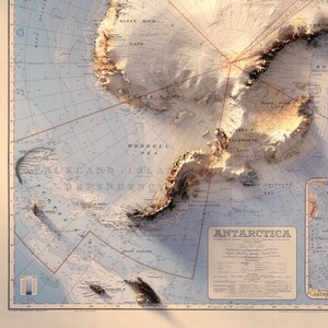 May include: A vintage map of Antarctica, showing the continent's landmasses and surrounding seas in detail. The map is printed on a light blue background with brown and gold accents. It includes the names of various geographic features, such as the Weddell Sea, Queen Maud Land, and the Falkland Islands Dependency.
