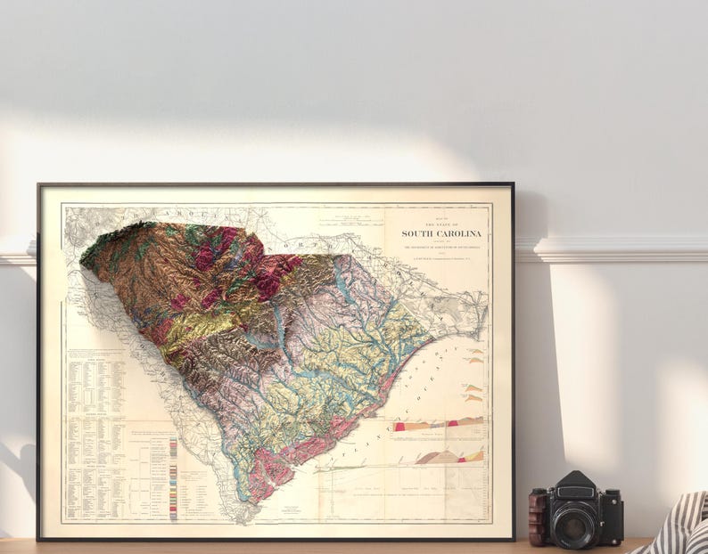 Pode incluir: Um mapa vintage da Carolina do Sul com um efeito de relevo 3D. O mapa &eacute; impresso em tons de marrom, verde e azul, e mostra a topografia do estado. O mapa &eacute; emoldurado em preto e est&aacute; pendurado em uma parede branca.