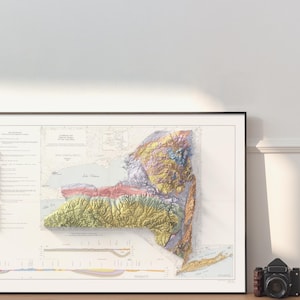 Op de afbeelding: Een ingelijste 3D-kaart van de staat New York, met topografische kenmerken in verschillende kleuren. De kaart zit in een zwart frame, met een vintage camera op een houten oppervlak. De kaart bevat tekst en een sleutel.